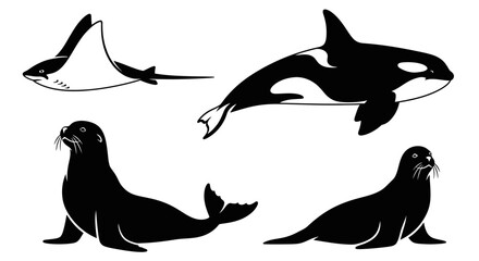 Obraz premium Marine Life Silhouettes Set with Orca, Manta Ray, and Seals