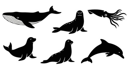 Obraz premium Marine life silhouettes set: whale, seals, sea lions, squid, and dolphin vector collection