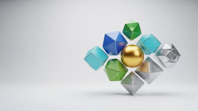 Abstract geometric composition with a golden sphere surrounded by colorful polyhedrons.