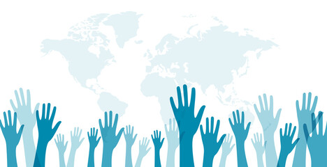 Raising Hands Illustration - Blue Silhouettes of Diverse Group Hands for Community Volunteering and Teamwork