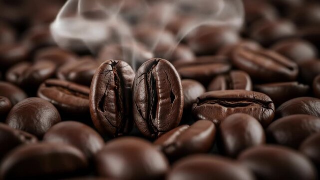 A close-up of roasted coffee beans with smoke rising from two central beans