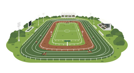 An isometric illustration showcases a vibrant horse racing track with a central soccer field, two grandstands, and two horses actively racing under bright stadium lights. © Mimi