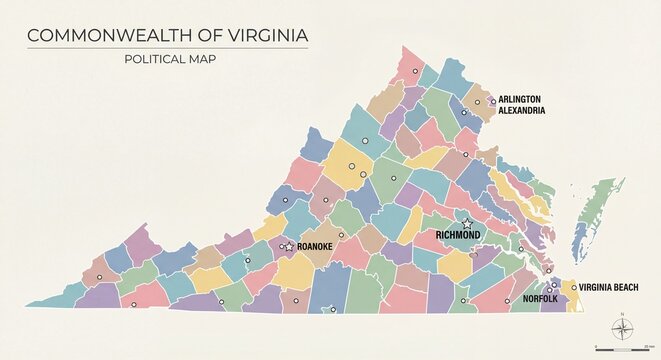 A colorful political map of the Commonwealth of Virginia, highlighting counties.