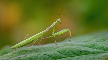 Green praying mantis perched on a leaf