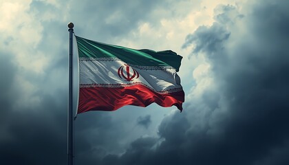 The Iranian flag waves proudly in a stormy sky with dark clouds.