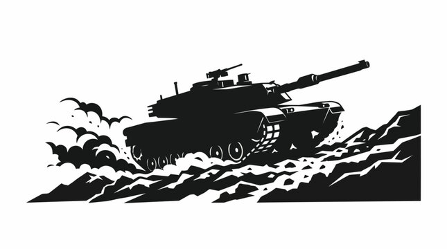 Military tank in action on rugged terrain with smoke and debris