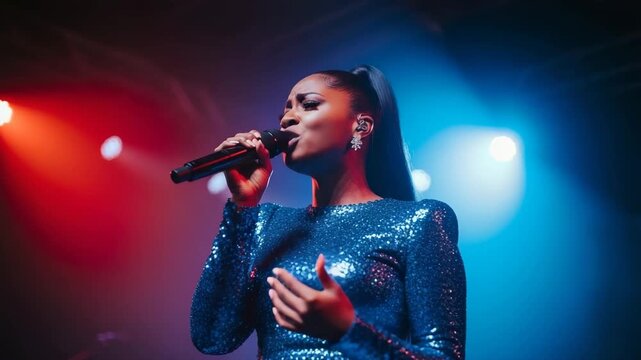 Melodic Soul on Stage: A captivating singer, bathed in vibrant stage lights, pours her heart into a song. Her performance captures the raw emotion and undeniable talent of a true artist.