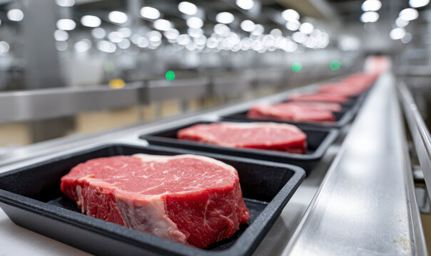 Fresh Meat Products in Plastic Trays on a Conveyor Belt in Factory