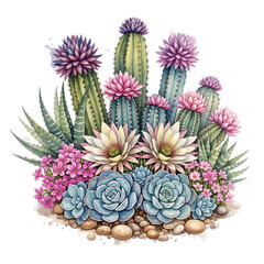 Fototapeta premium Cactus and Succulents Watercolor Painting: A vibrant watercolor painting showcases a captivating arrangement of cacti and succulents. With various species.