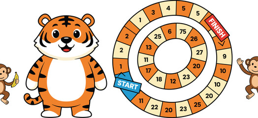 Educational math board game for kids featuring cute cartoon tiger and monkey characters with number path for learning addition and counting vector illustration. © Creative Stoker