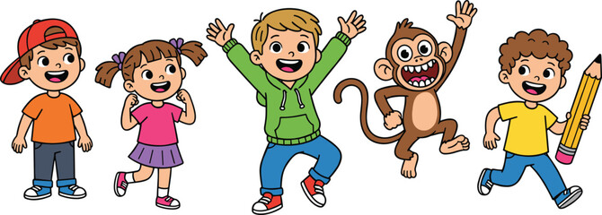 Group of happy diverse children and a cute playful monkey jumping with joy and holding a giant pencil cartoon vector illustration. © Creative design