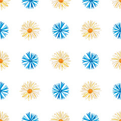 Seamless pattern with watercolor cornflowers and chamomile. Summer floral background.