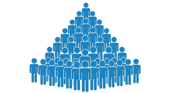 Blue stylized human figures arranged in a precise ascending pyramid structure forming a crowd graphic