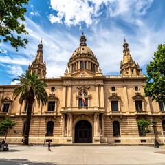 Fototapeta premium Large ornate building with domes, towers, and palm trees under a blue sky
