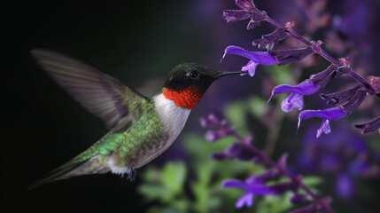 Fototapeta premium Hummingbird Feeding on Purple Flowers