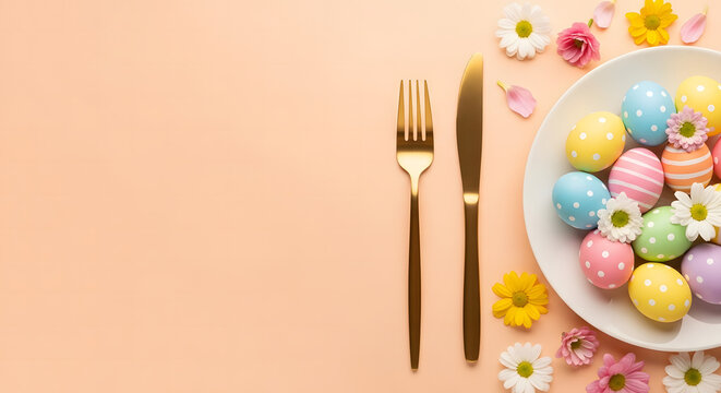 Easter table setting with colorful eggs and flowers