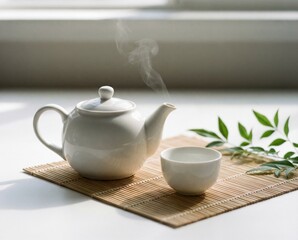 Fototapeta premium White teapot and cup with steam on bamboo mat in minimal zen setting 