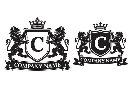 Black and white heraldic crests with lions and shields