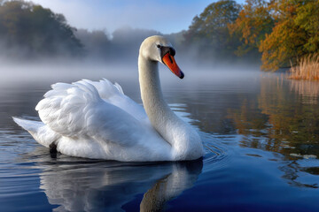 White swan glides on misty lake at sunrise