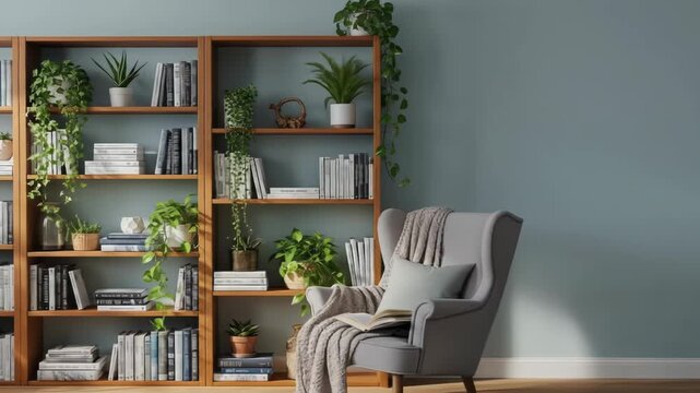 A cozy room with a comfortable gray chair and a large wooden bookshelf filled with books and plants