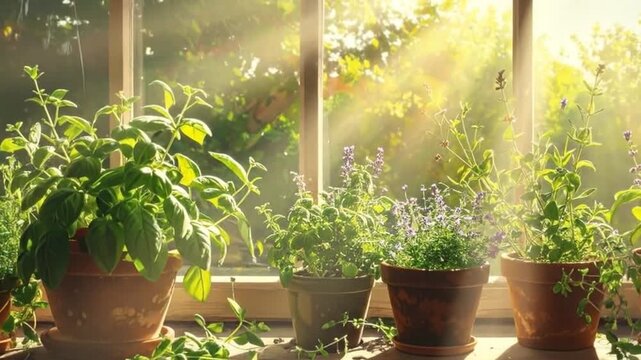 A row of potted plants sits on a windowsill, bathed in sunlight, creating a vibrant and natural scene.