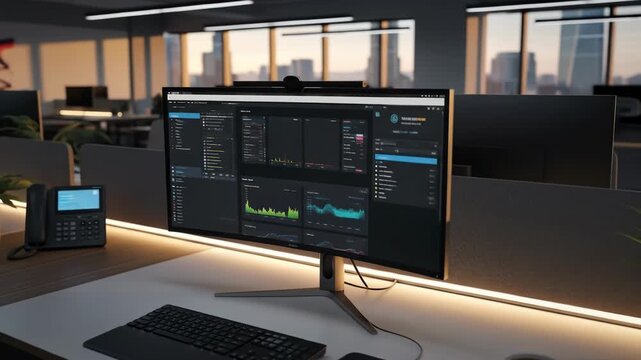 A modern office workspace with a computer monitor displaying graphs and charts on a white desk with a keyboard, mousepad, mouse, and a coffee mug