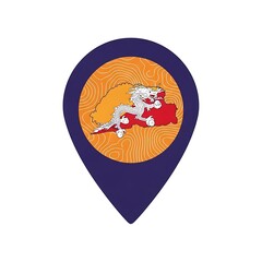 Fototapeta premium Bhutan map silhouette with national flag dragon inside blue map pin on orange topographic