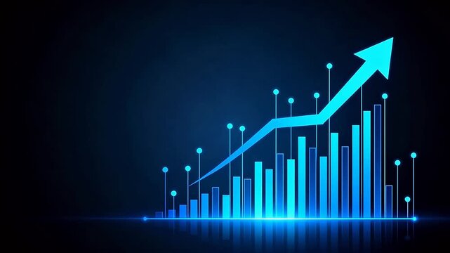 Blue bar chart with upward arrow