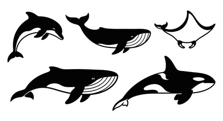 Fototapeta premium Black Silhouettes of Marine Animals: Dolphin, Whales, Manta Ray, Orca Set