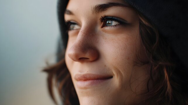 A young woman with freckles and blue eyes smiles gently looking away with a relaxed and inspiring expression outdoors