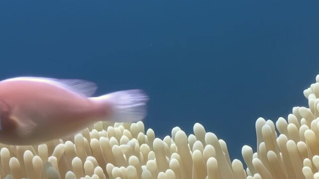 In this mesmerizing glimpse into life beneath the waves, a peach-colored Clownfish gracefully navigates around a luminous white Anemone, accompanied by smaller, darker fish.