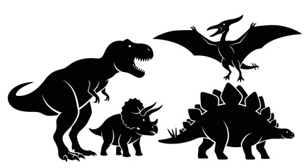 Naklejka premium Dinosaur Silhouettes Set: T-Rex, Triceratops, Stegosaurus, and Pterodactyl Vector Illustration