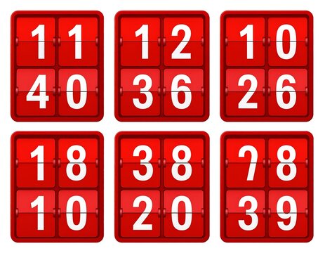 A collection of six red digital flip clock faces, each displaying various two-digit numbers in white