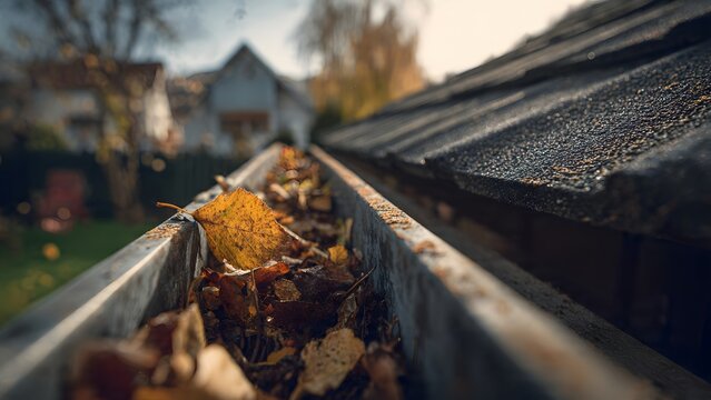 Close-up of a neglected house gutter overflowing with dry brown autumn leaves and debris against a blurred residential home, highlighting a common seasonal maintenance task.