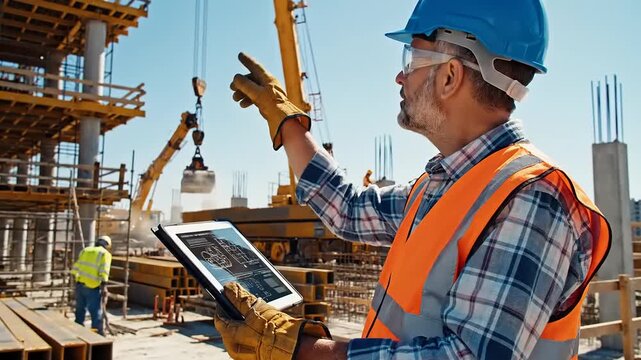 Construction Worker Using Tablet on Building Site.