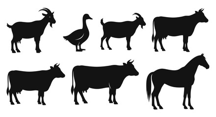 Obraz premium Farm Animal Silhouettes Set: Goat, Goose, Cow, and Horse Icons