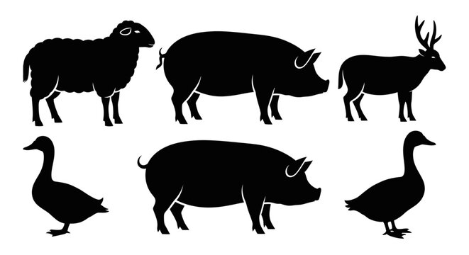 Farm and Wild Animal Silhouettes Collection: Sheep, Pig, Deer, and Duck Icons