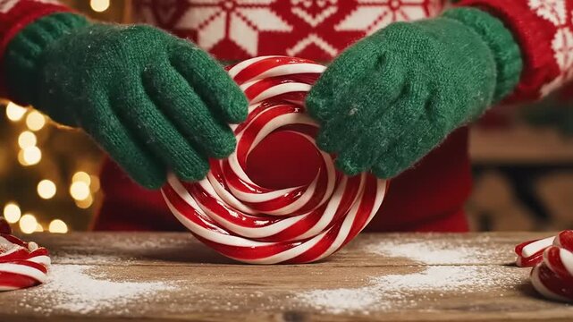 Person Wearing Green Gloves Holding Candy Cane.