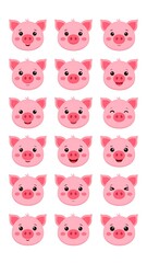 Obraz premium A collection of stylized, cartoon pig faces, each displaying a different emotion on a white background. These include smiles and winks