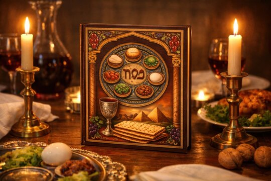 Illustration of a Seder plate featuring traditional Passover foods, surrounded by candles and wine glasses on a decorated table for the holiday celebration