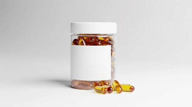 A transparent cylindrical container with a white cap and label holds amber-colored capsules, with three capsules lying in front