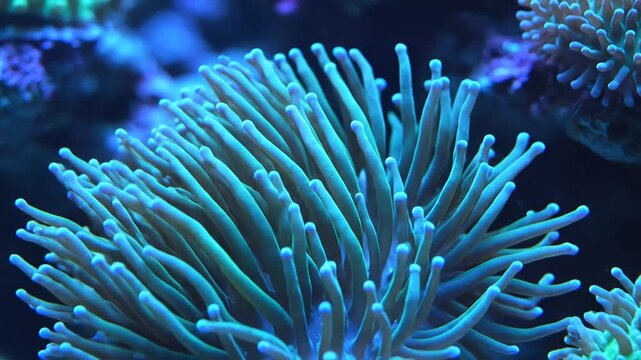 Closeup of a vibrant blue coral polyp in an aquarium.