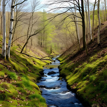 Quick brook running between poplar and lurch trees over hill slope