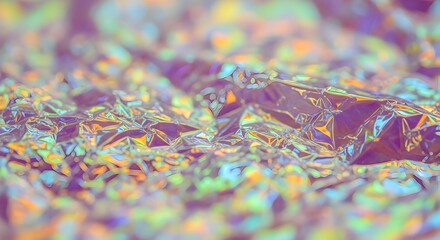 Fototapeta premium Holographic foil texture with rainbow colors and purple hue, shiny reflective surface, abstract background with iridescent effect