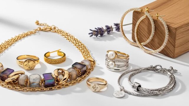 A collection of assorted jewelry pieces including a gold-toned necklace with purple stones, earrings, rings, and bracelets on a white surface
