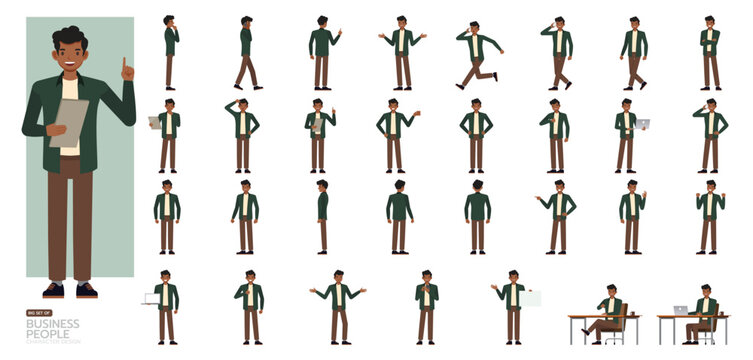 Big Set of Businessman wear green shirt character vector design. People working in office planning, thinking and economic analysis. Presentation in various action.
