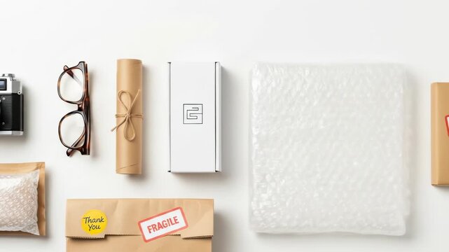 A flat lay of various shipping materials and personal items on a white background