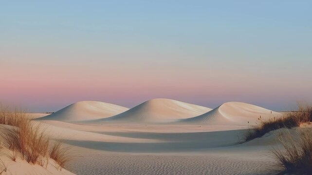 Desert Landscape with Soft White Sand Dunes at Sunset, Minimalist Nature Background with Pastel Pink Sky and Gentle Evening Light