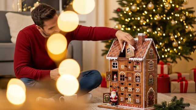 A man in a red sweater decorates a large gingerbread house on the floor beside a Christmas tree