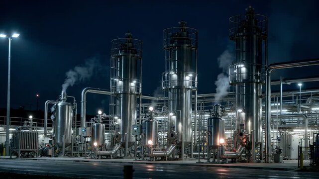 Nighttime medium shot of solvent recovery units illuminated by soft ambient lighting capturing the serene continuous operation of industrial extraction and condensation systems.